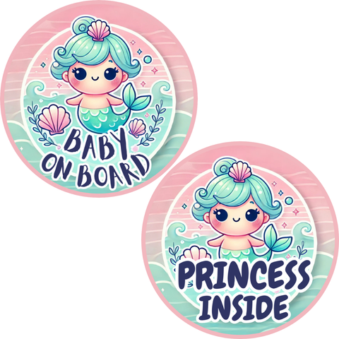 Baby on Board Sticker Set, 2-Pack Mermaid Car Decals “Baby on Board” + “Princess Inside” Cute Ocean-Themed Safety Stickers