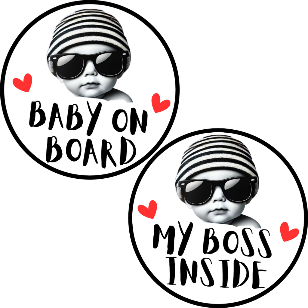 Baby on Board Sticker Set, 2-Pack Funny Car Decals “Baby on Board” + “My Boss Inside”
