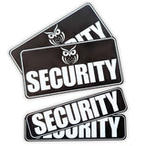 Three 'SECURITY' stickers with an owl design on a white background