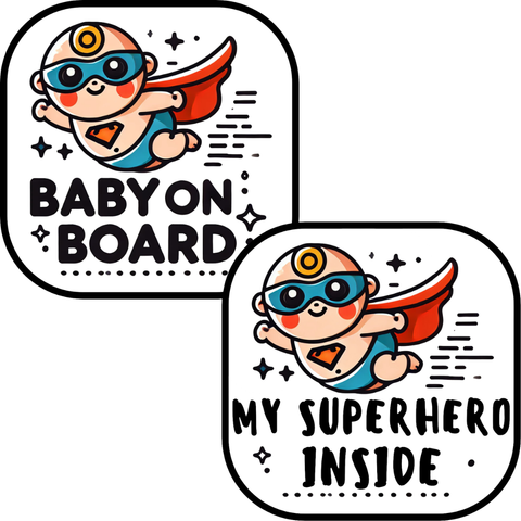 Superhero Baby on Board Sticker Set, 2-Pack Car Safety Decals “Baby on Board” + “My Superhero Inside”