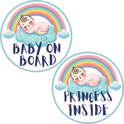Baby on Board Sticker Set , 2-Pack Pastel Rainbow Car Decals “Baby on Board” + “Princess Inside”