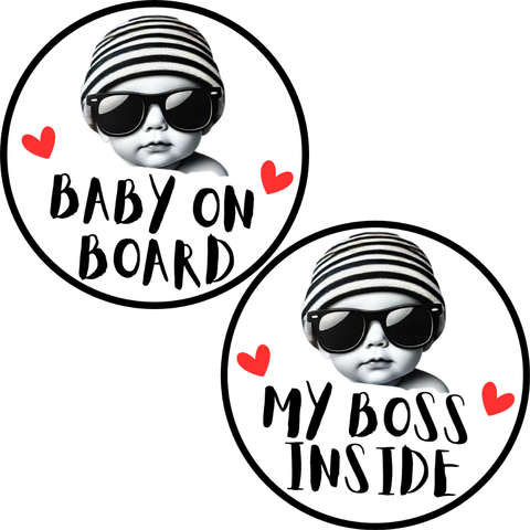 Baby on Board Sticker Set, 2-Pack Funny Car Decals “Baby on Board” + “My Boss Inside”