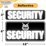 Reflective security signs with owl design and measurements on a white background