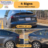 Car with security stickers on sides and rear, showing different sizes.