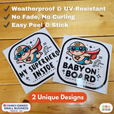 Superhero Baby on Board Sticker Set, 2-Pack Car Safety Decals “Baby on Board” + “My Superhero Inside”