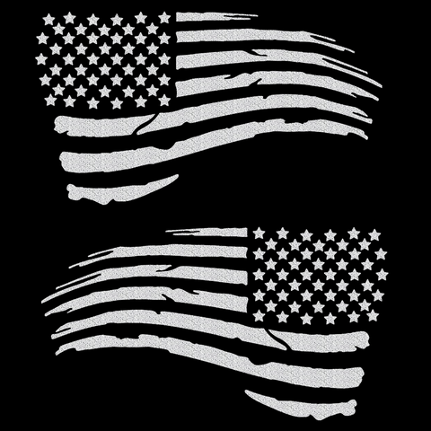 2pc Tattered Subdued Waving USA American Flag Decal (Silver 4"x7")