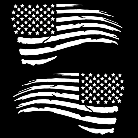 2pc Tattered Subdued Waving USA American Flag Decal (White 4"x7")