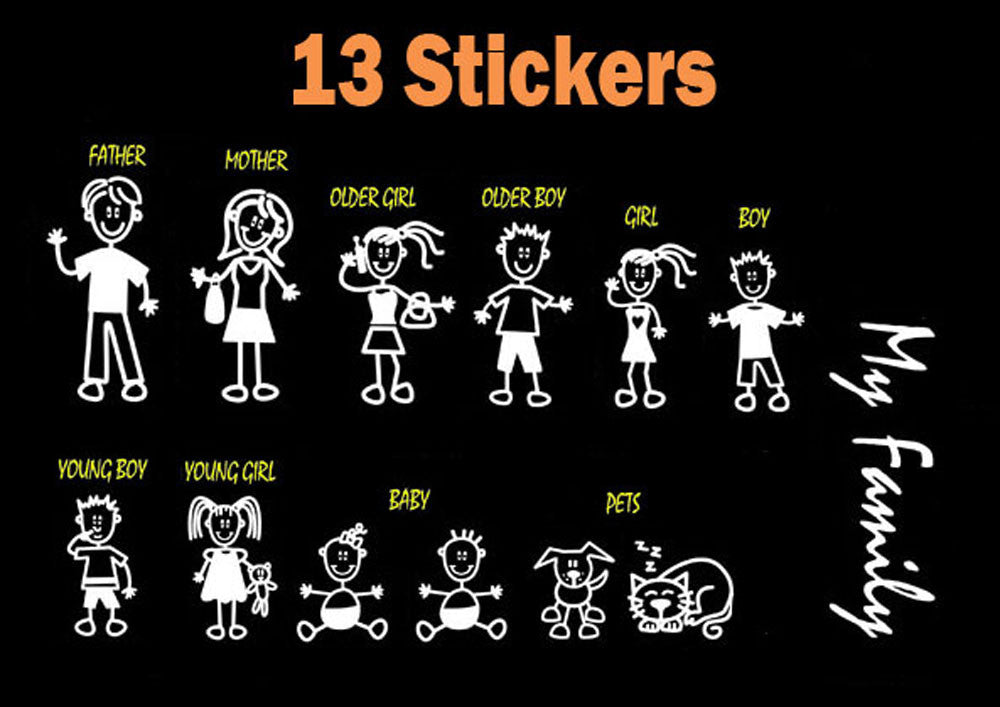 Stick Figure Family Car Window Decals, 13-Piece Style 1