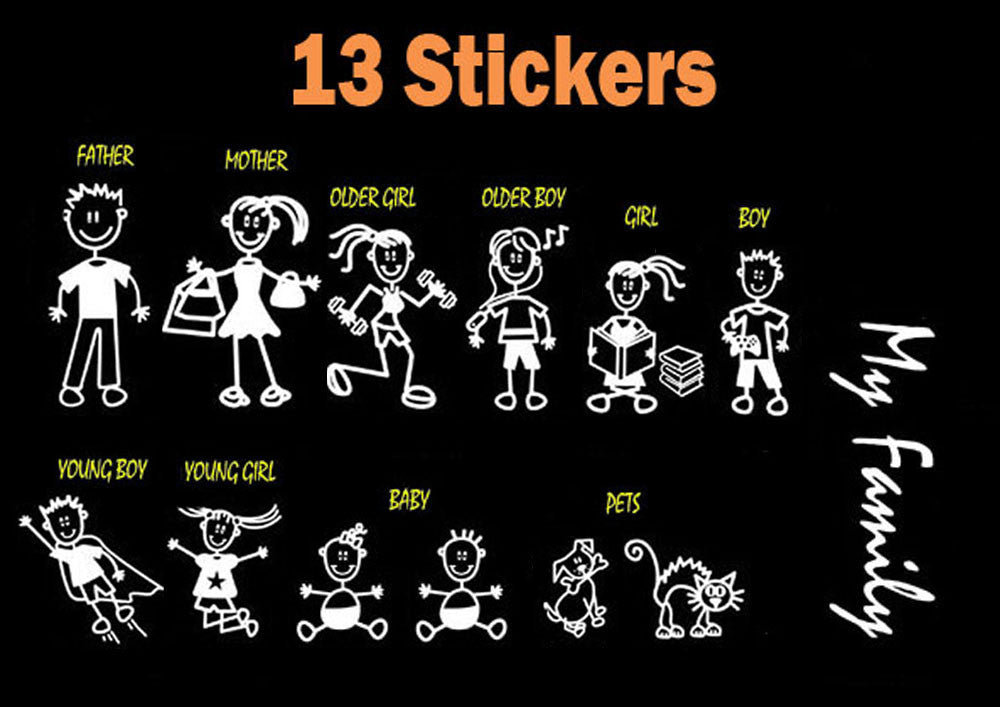 Stick Figure Family Car Window Decals, 13-Piece Style 2