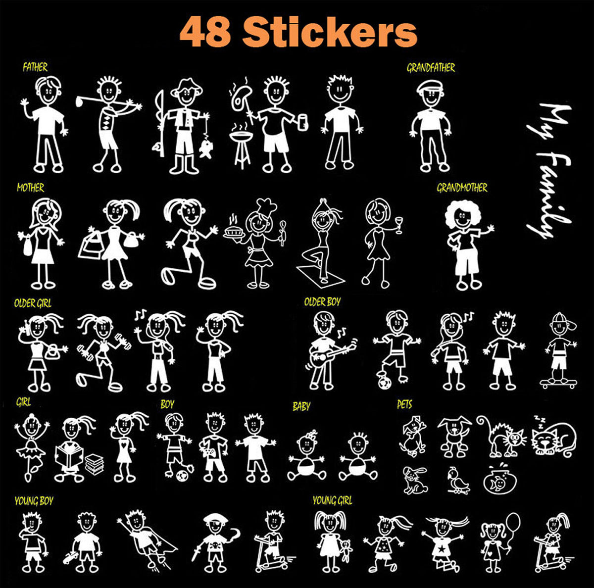Stick Figure Family Car Window Decals, 48-Piece Complete Collection