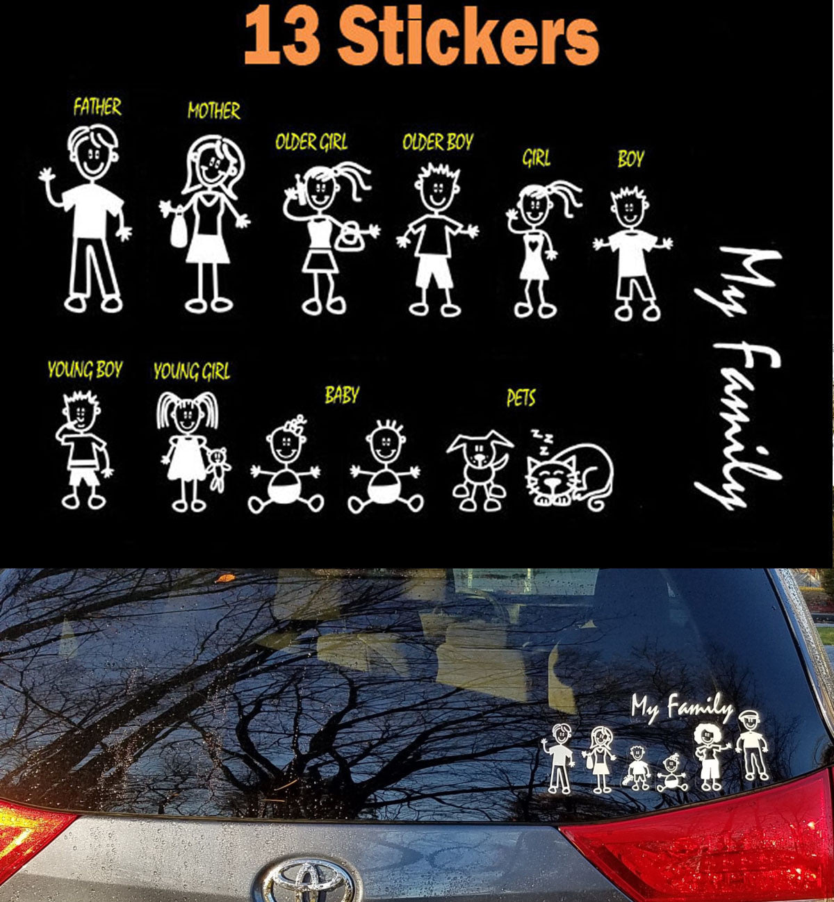 Stick Figure Family Car Window Decals, 13-Piece Style 1
