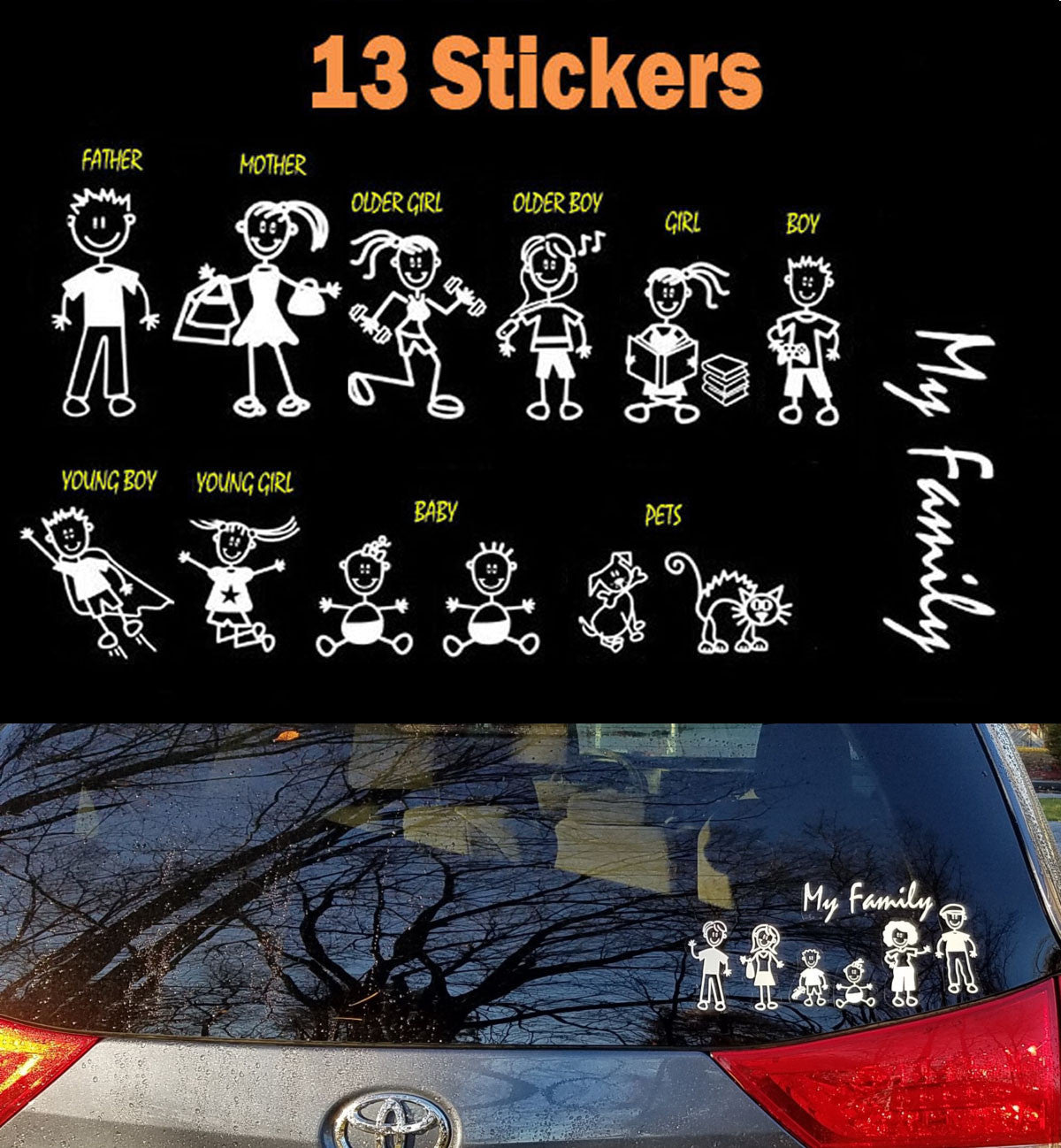 Stick Figure Family Car Window Decals, 13-Piece Style 2