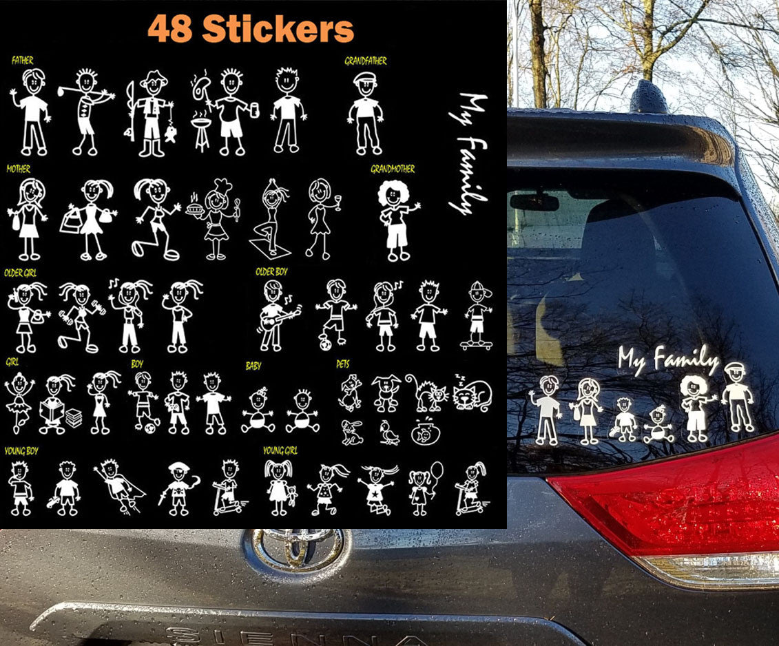 Stick Figure Family Car Window Decals, 48-Piece Complete Collection
