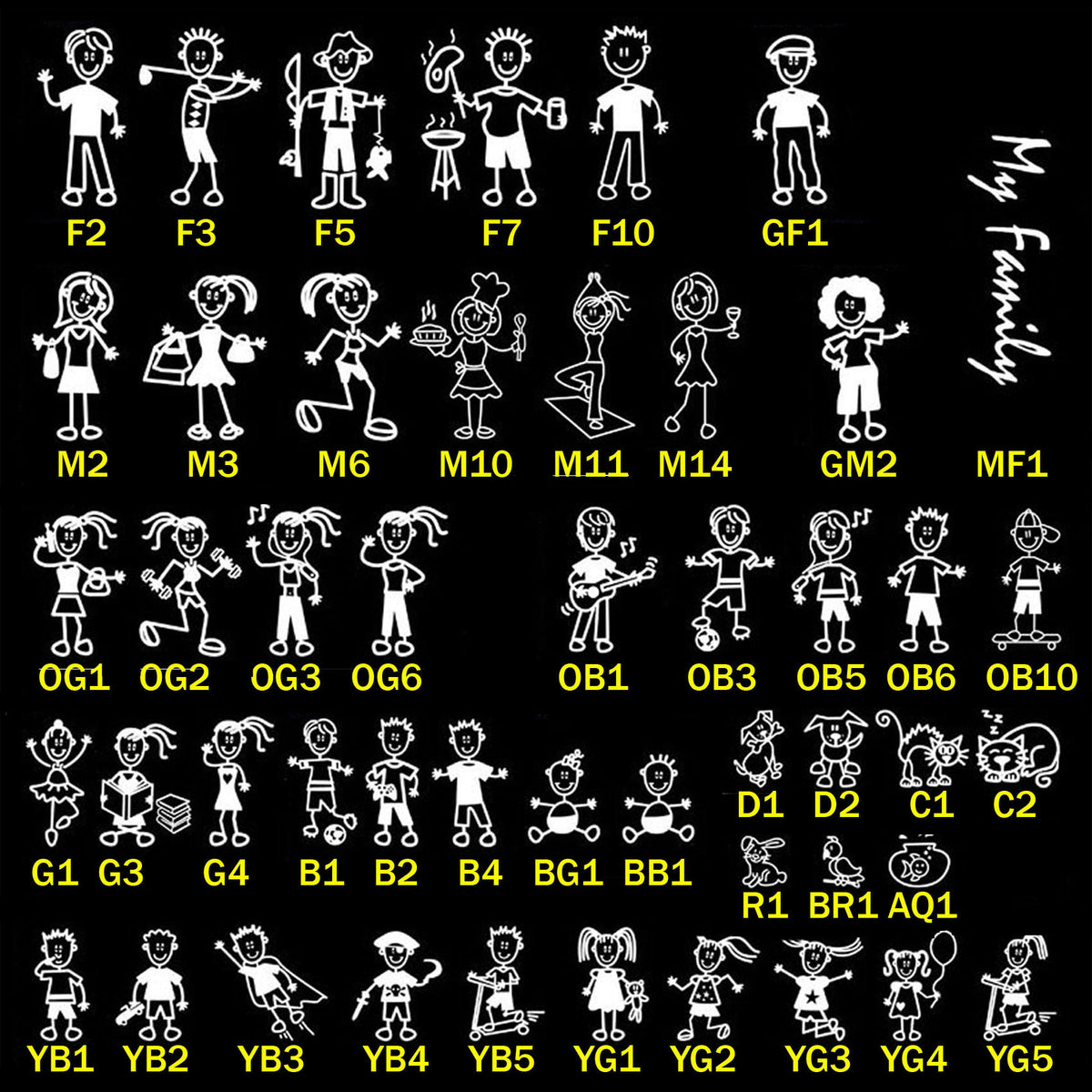 TOTOMO design chart of individual family members and pets with selection codes