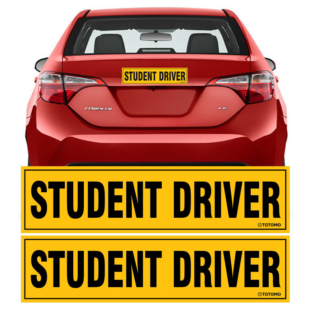 TOTOMO two yellow Student Driver magnets with an installation example on a red car