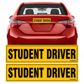 TOTOMO two yellow Student Driver magnets with an installation example on a red car