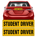 TOTOMO two yellow Student Driver magnets with an installation example on a red car