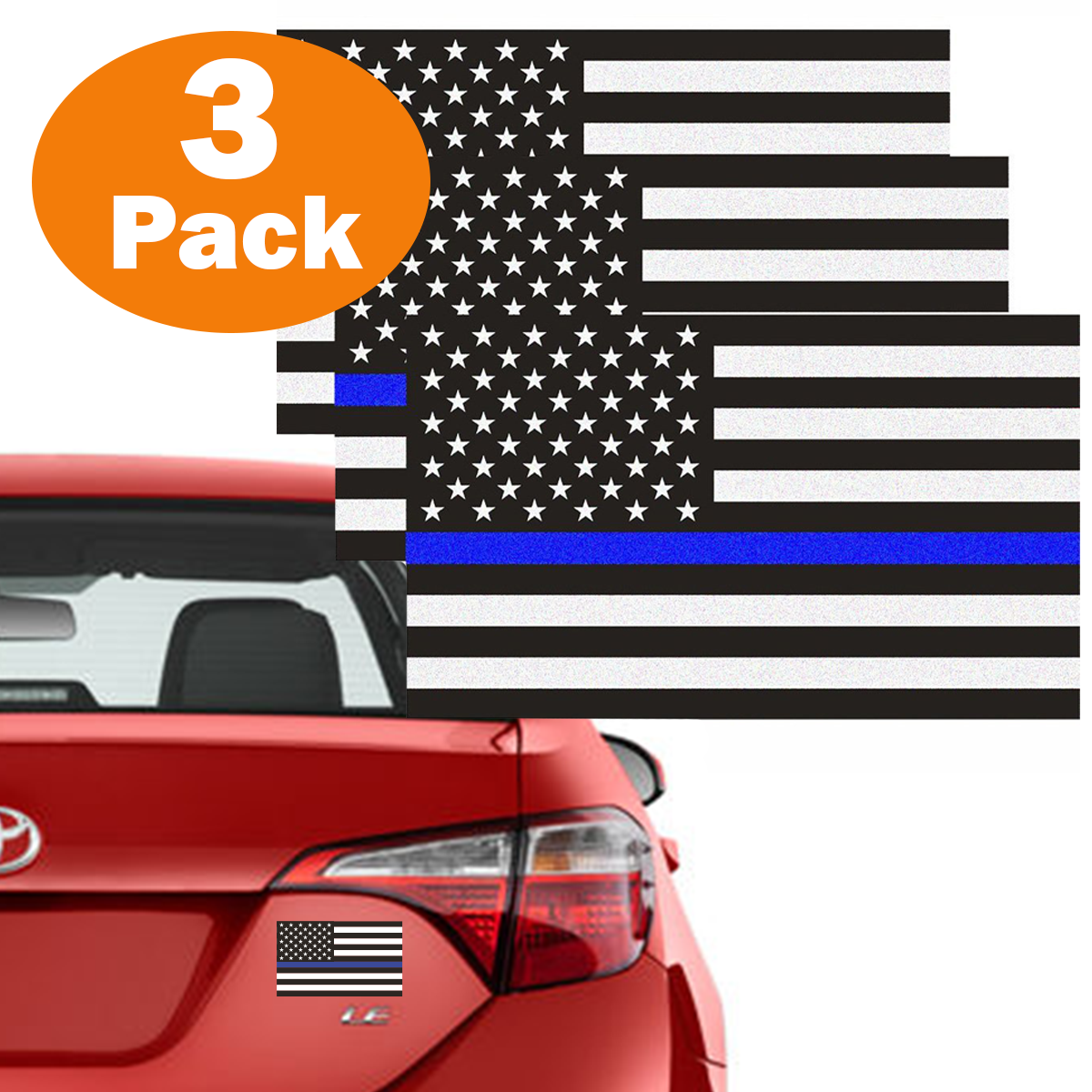 Reflective Thin Blue Line American Flag Stickers, 3-Pack