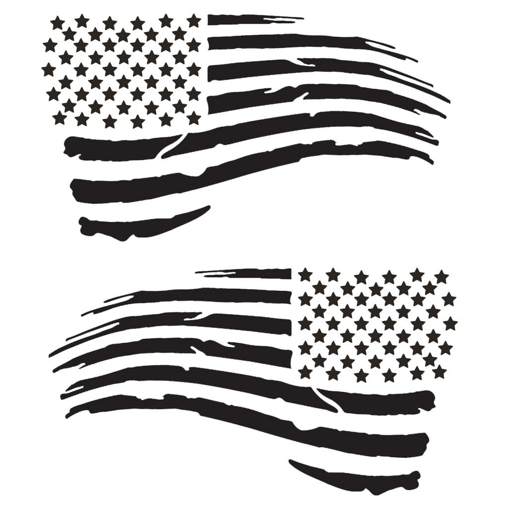 2pc Tattered Subdued Waving USA American Flag Decal (Matte Black 4"x7")