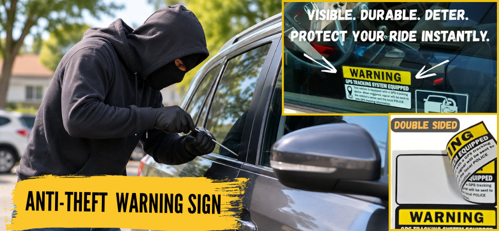 (Set of 8) Anti-Theft Car Vehicle Stickers with GPS Tracking Warning - 3" x 1.5" Self Adhesive Sign (4pc Front Adhesive + 4pc Back Adhesive Stickers)