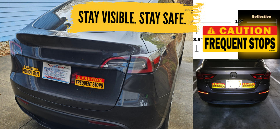 2pc Caution Frequent Stops Magnet & Sticker 10"X3.5" Highly Reflective Car Safety Caution Sign